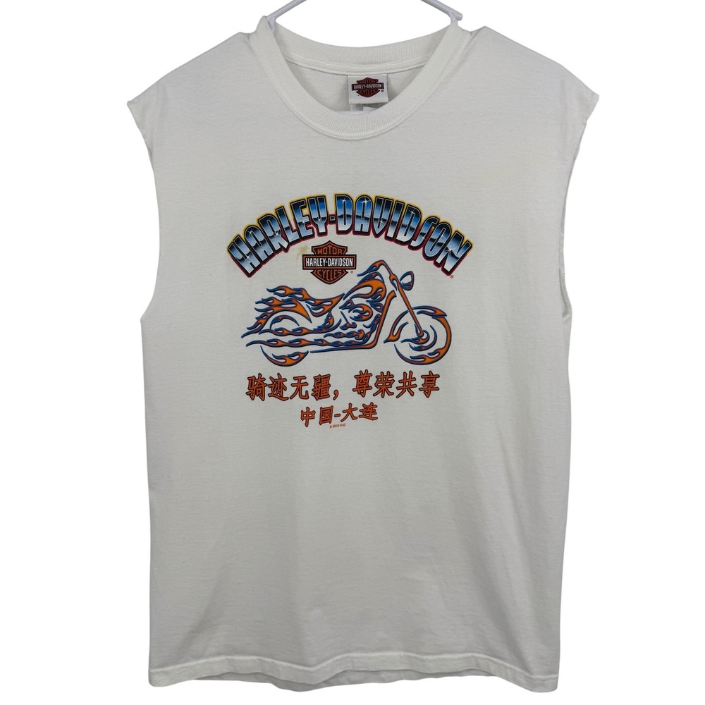 Harley Davidson 2010 White Cut Off Sleeveless Shirt Mens Medium Flame Graphic‎
